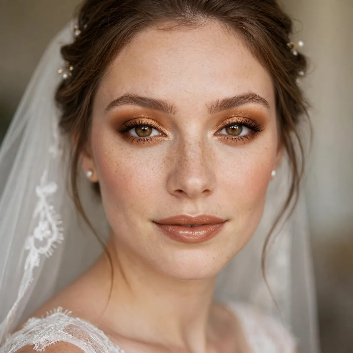 Bride with warm spiced latte-toned eyeshadow in cinnamon and caramel