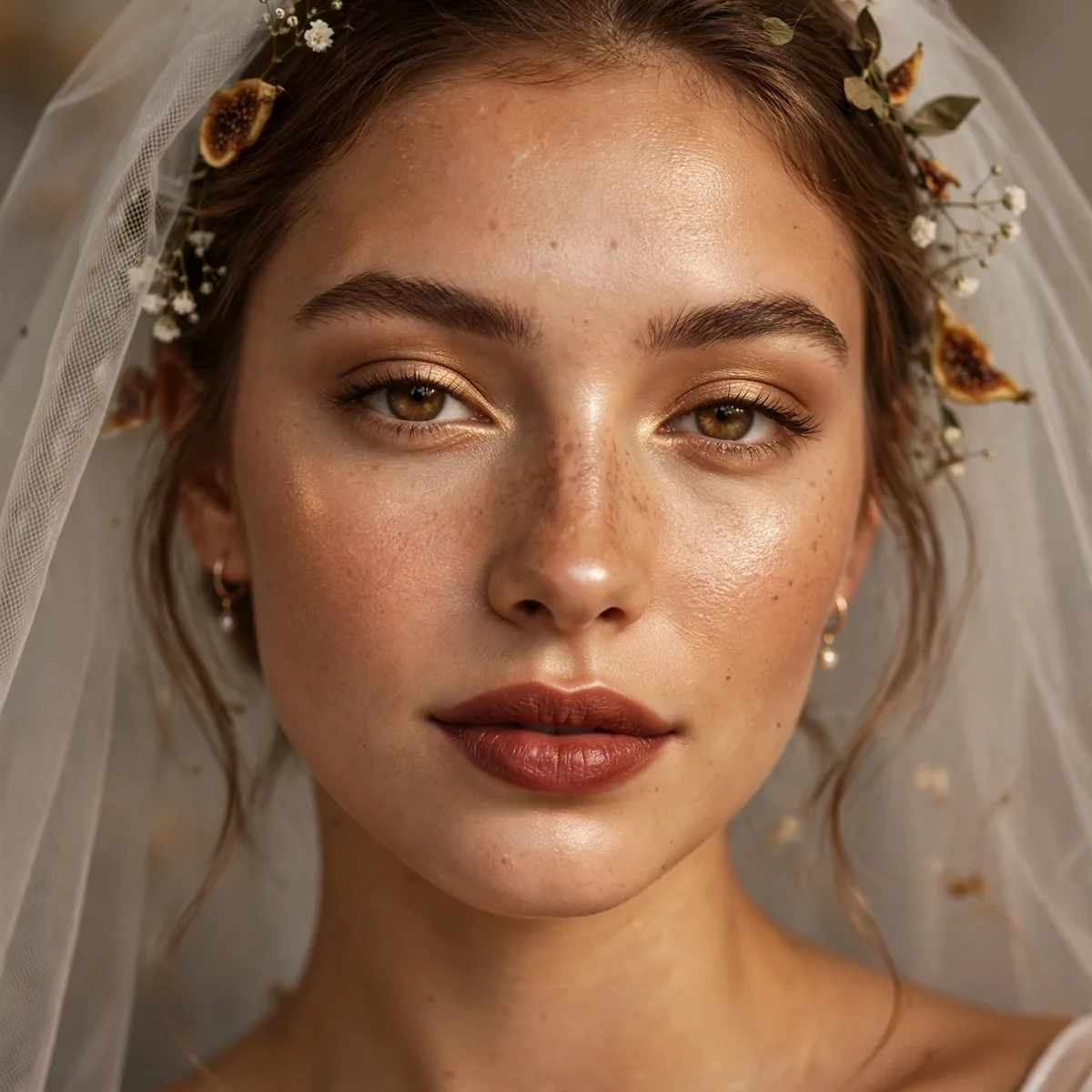 Bride with fig-toned lips and honey-gold glowing skin