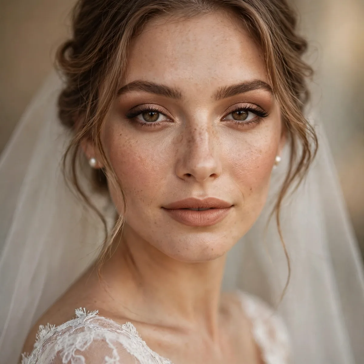 Bride with timeless soft glam makeup in warm neutral tones