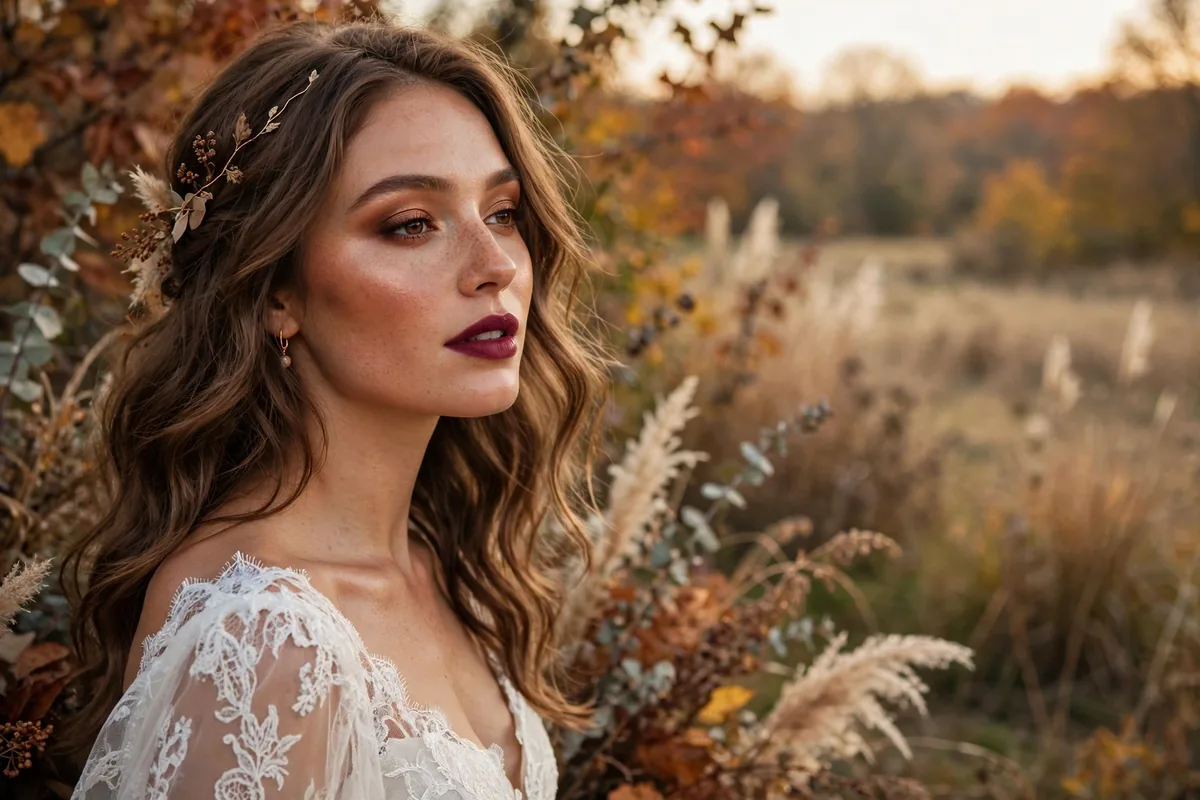 Bride with warm-toned fall wedding makeup featuring berry lips and bronzed skin