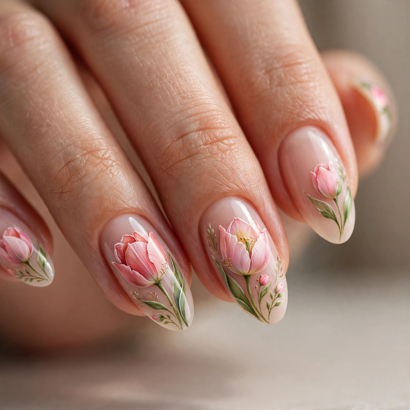 Tulip bloom nail art detail