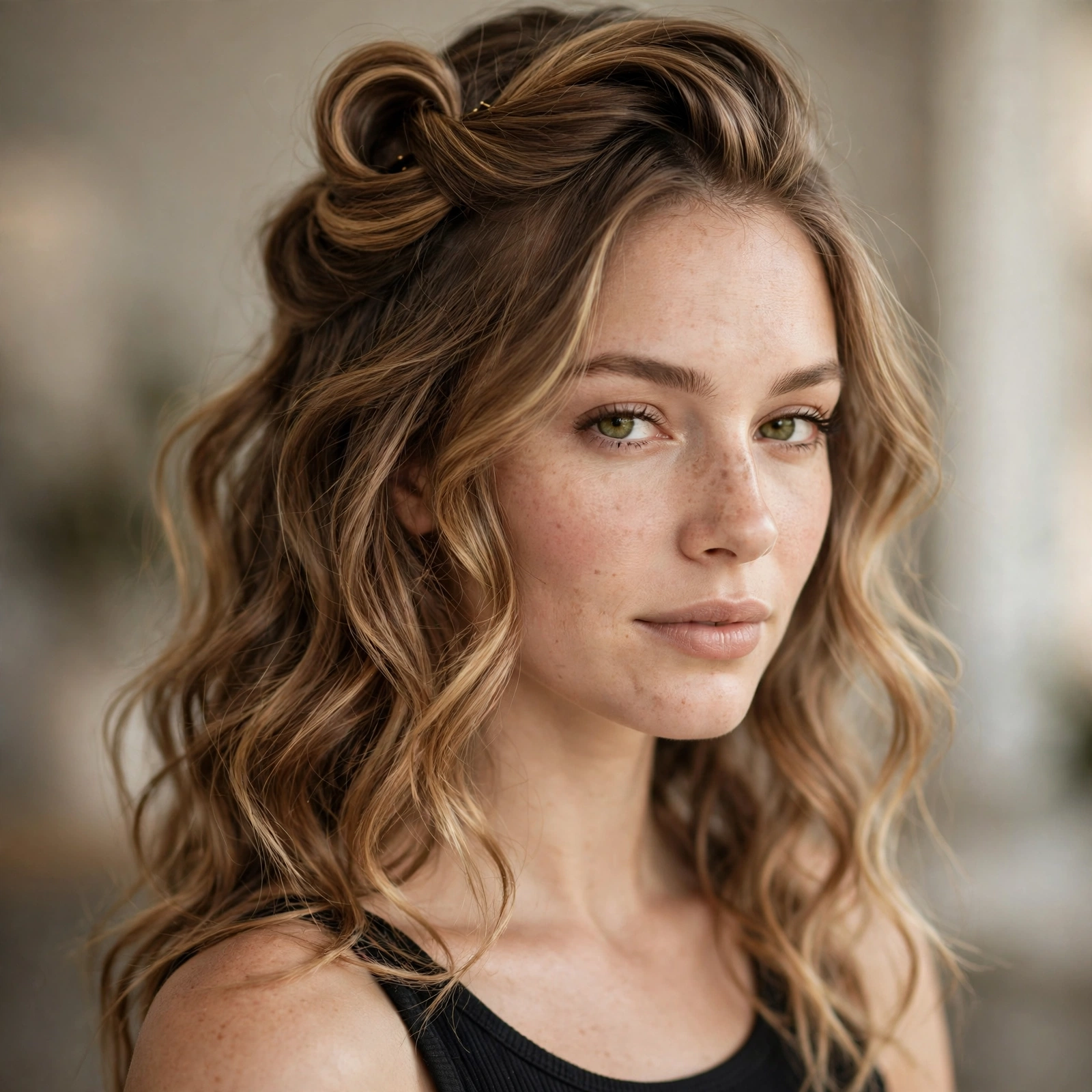 Half French twist with loose waves falling below
