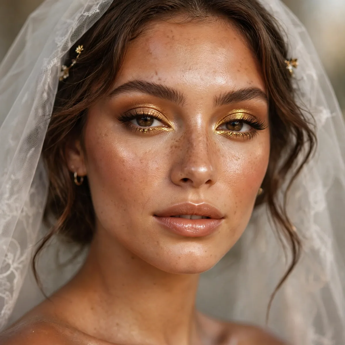 Bride with bronzed glowing skin and golden eye makeup