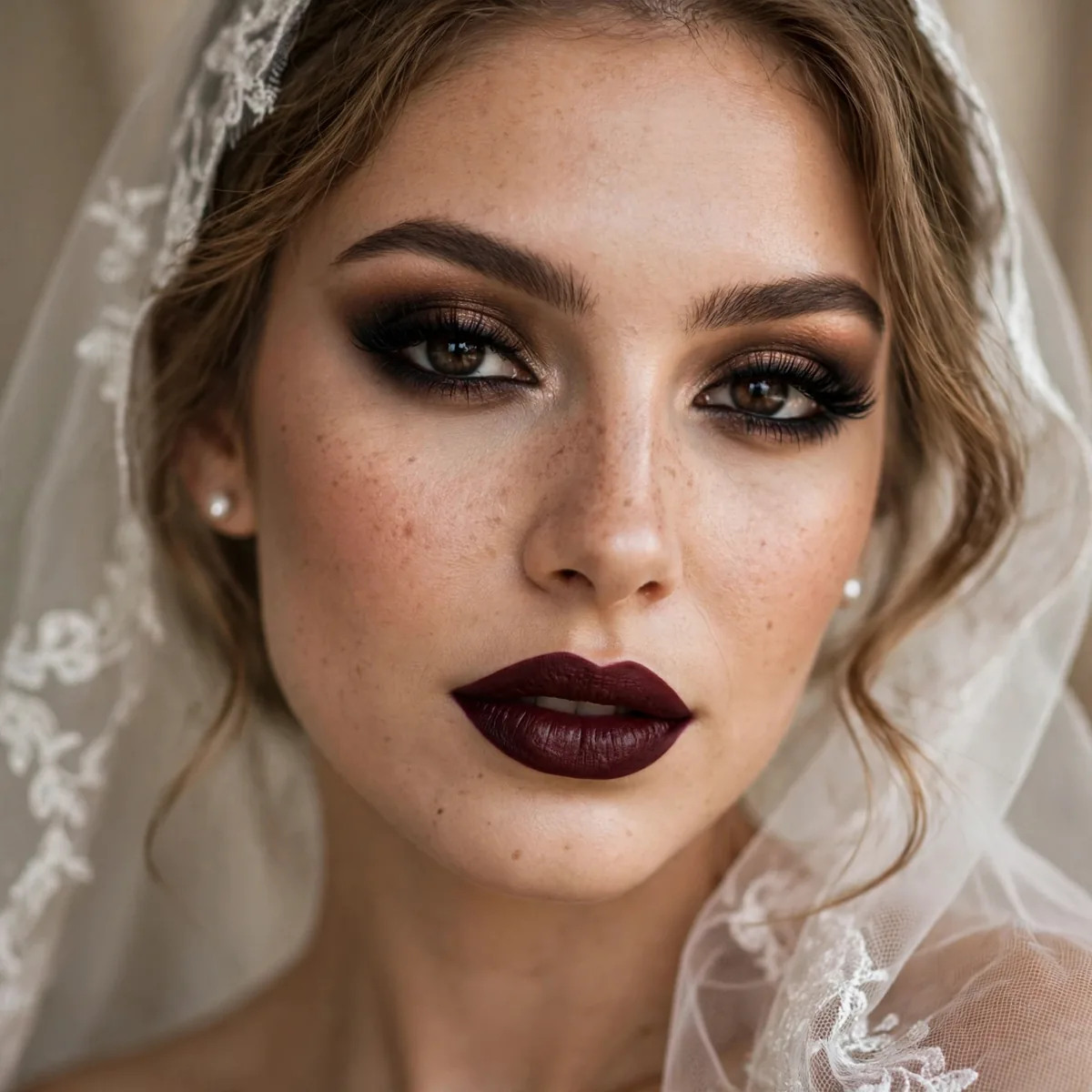 Bride with a deep vampy wine lip and dramatic eye makeup