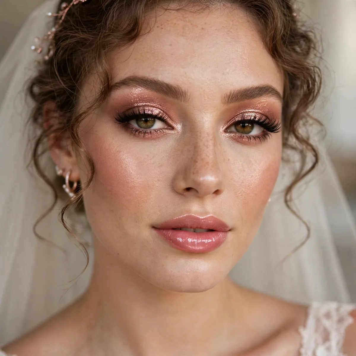 Bride with full rose gold glam makeup and glossy pink lips