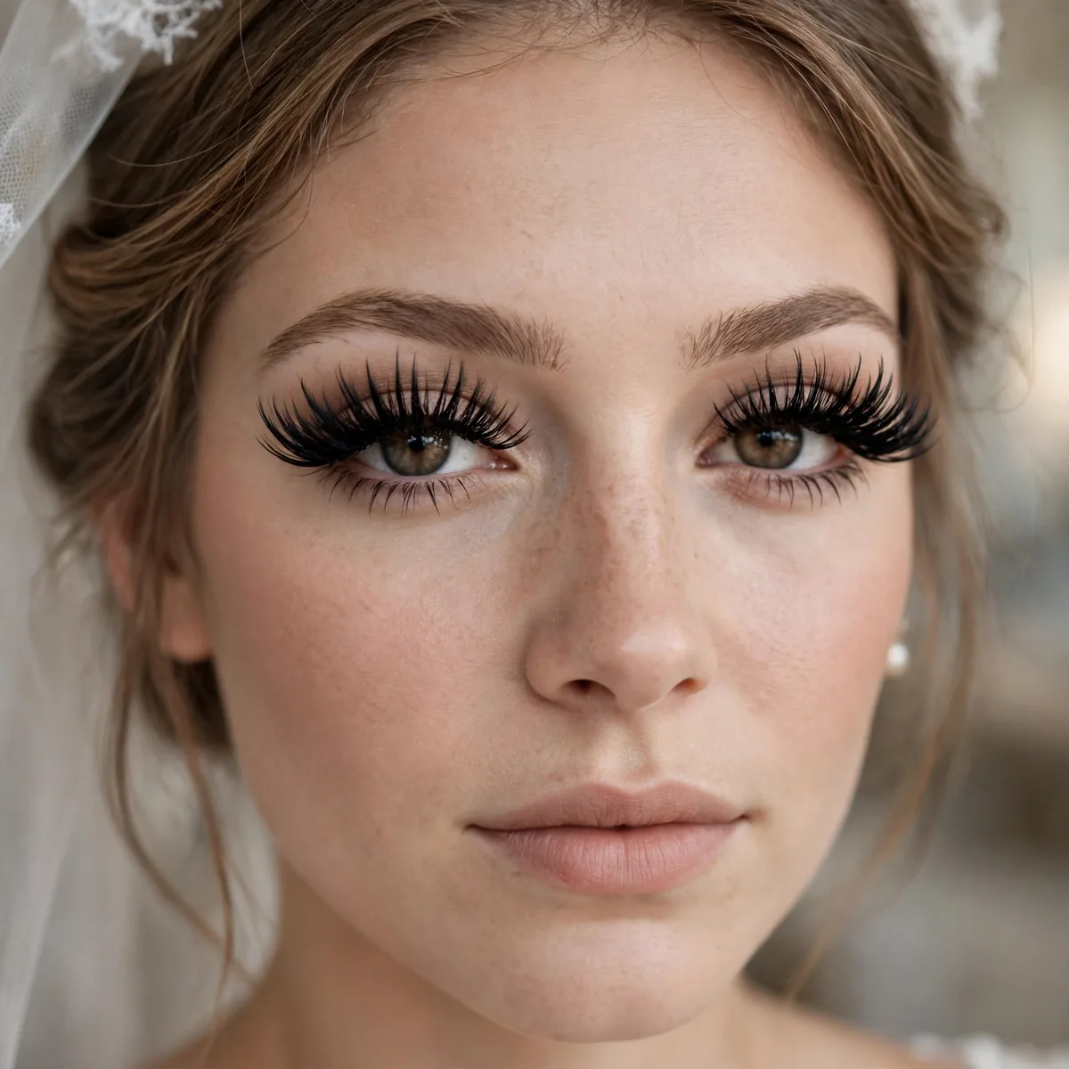 Bride with dramatic voluminous false lashes and soft neutral makeup