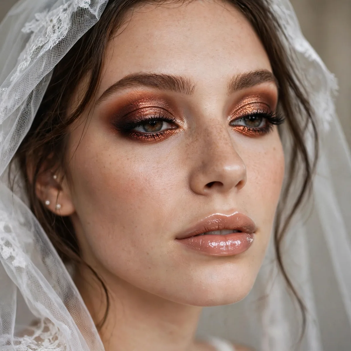 Bride with a metallic copper smokey eye and glossy nude lips