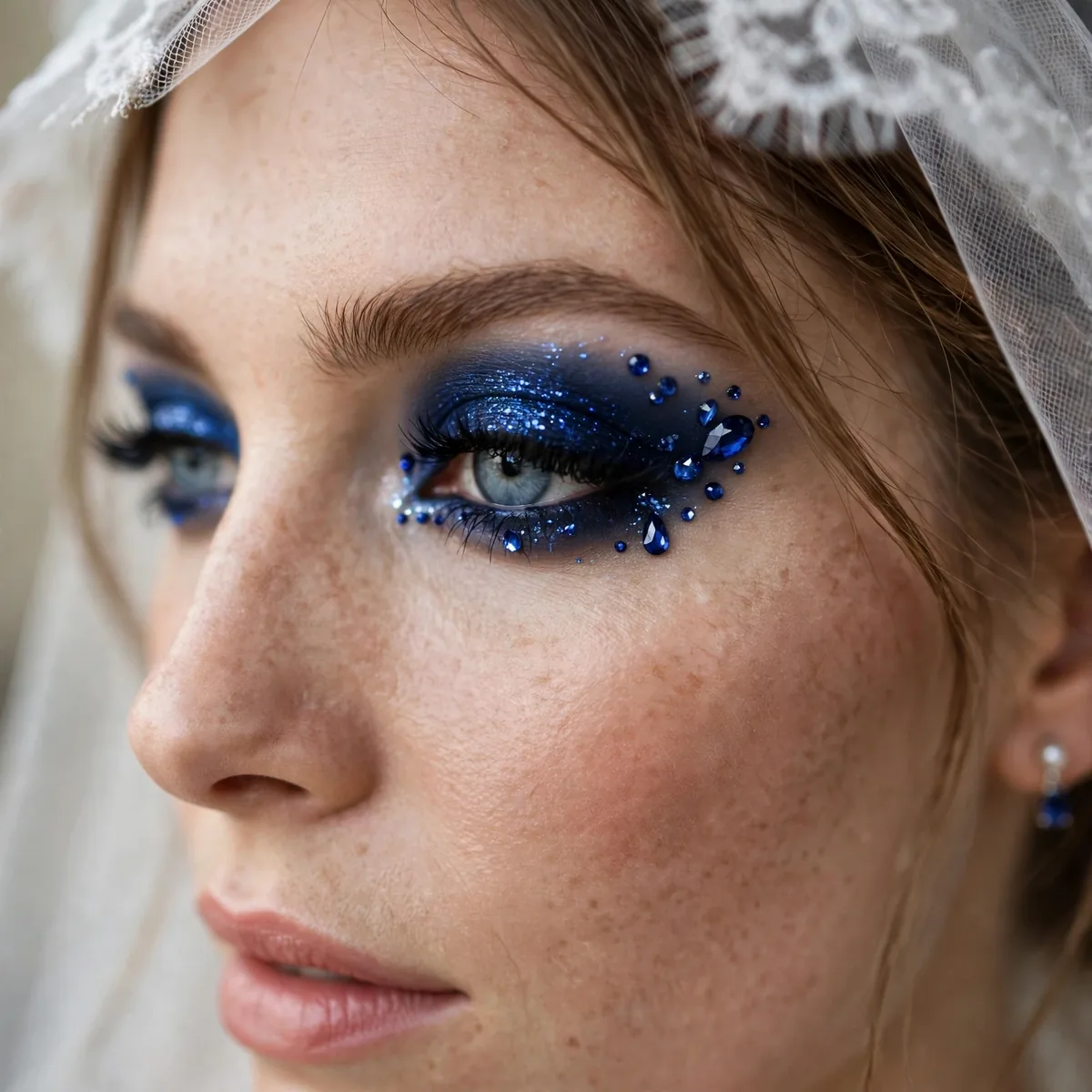 Bride with a deep sapphire blue jewel-toned smokey eye