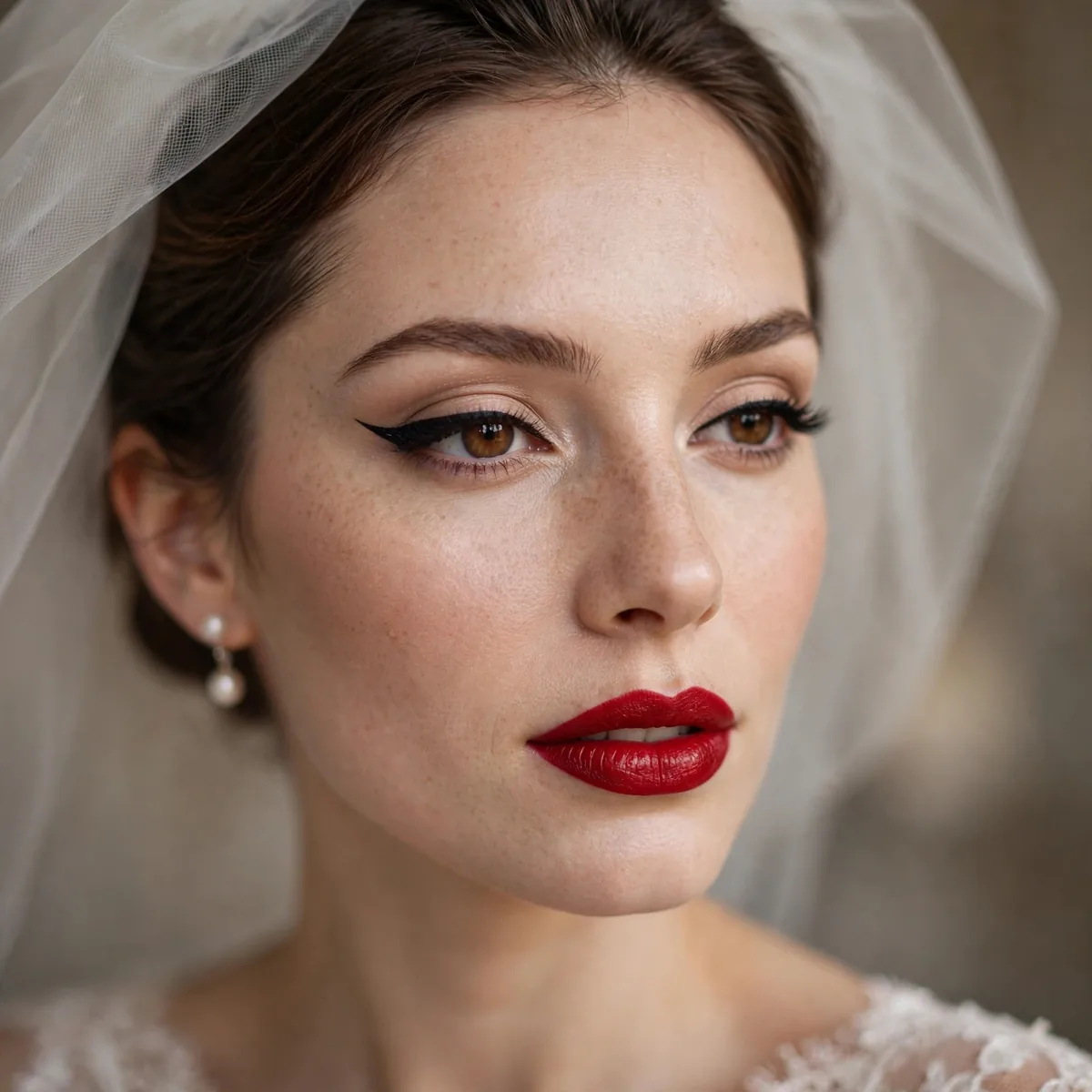 Bride with crimson red lips and classic glam winged liner