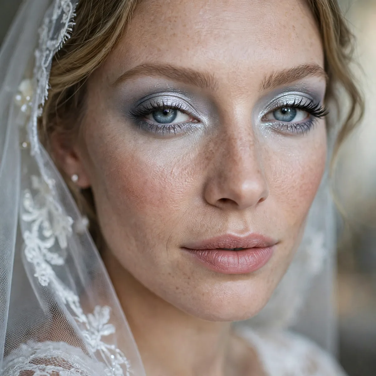 Bride with icy silver eyeshadow and cool-toned glam makeup