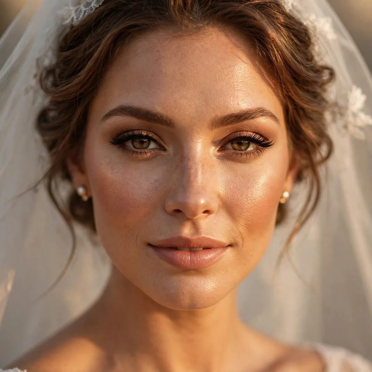 Bride with warm golden contour and radiant glowing skin