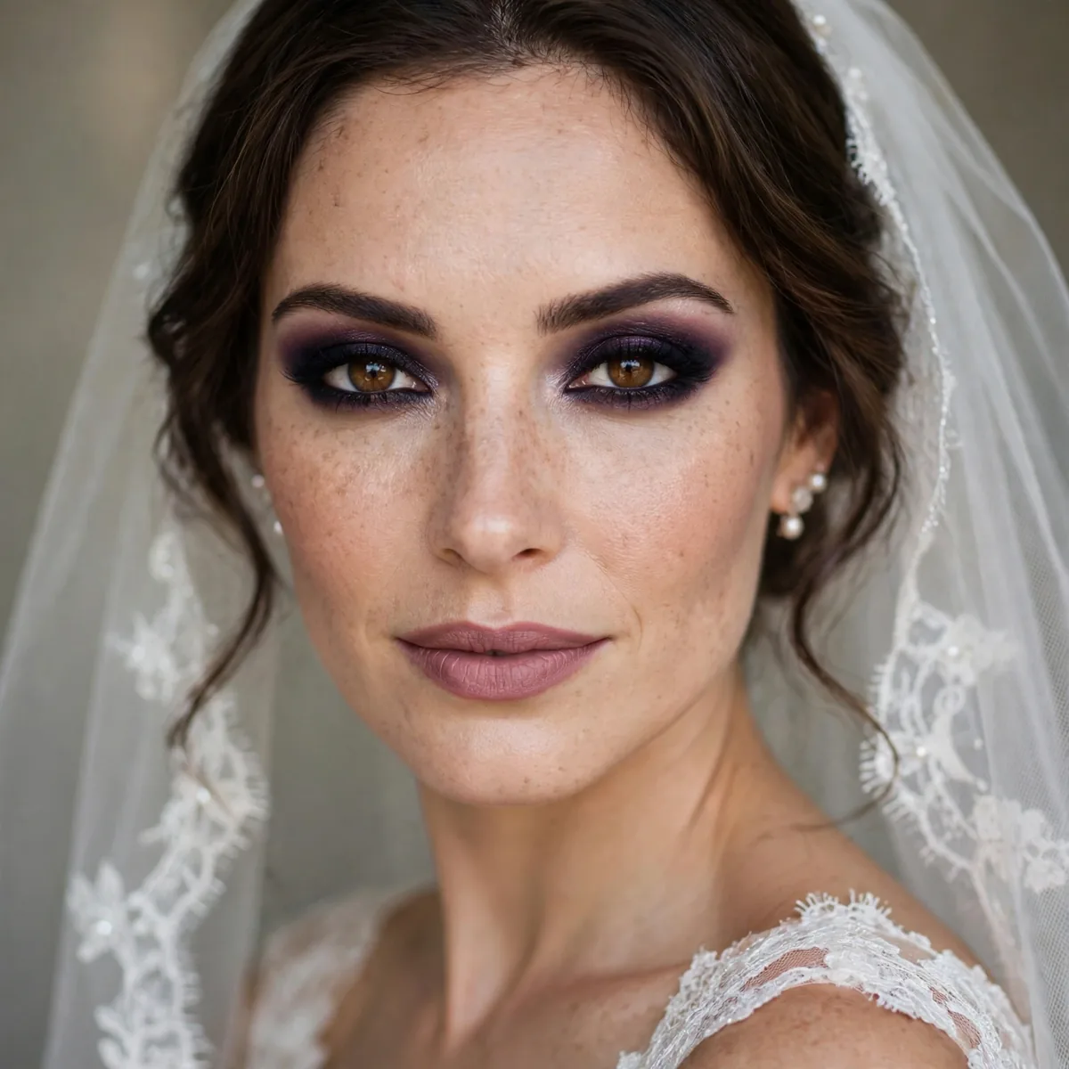 Bride with a deep midnight plum smokey eye and mauve lips