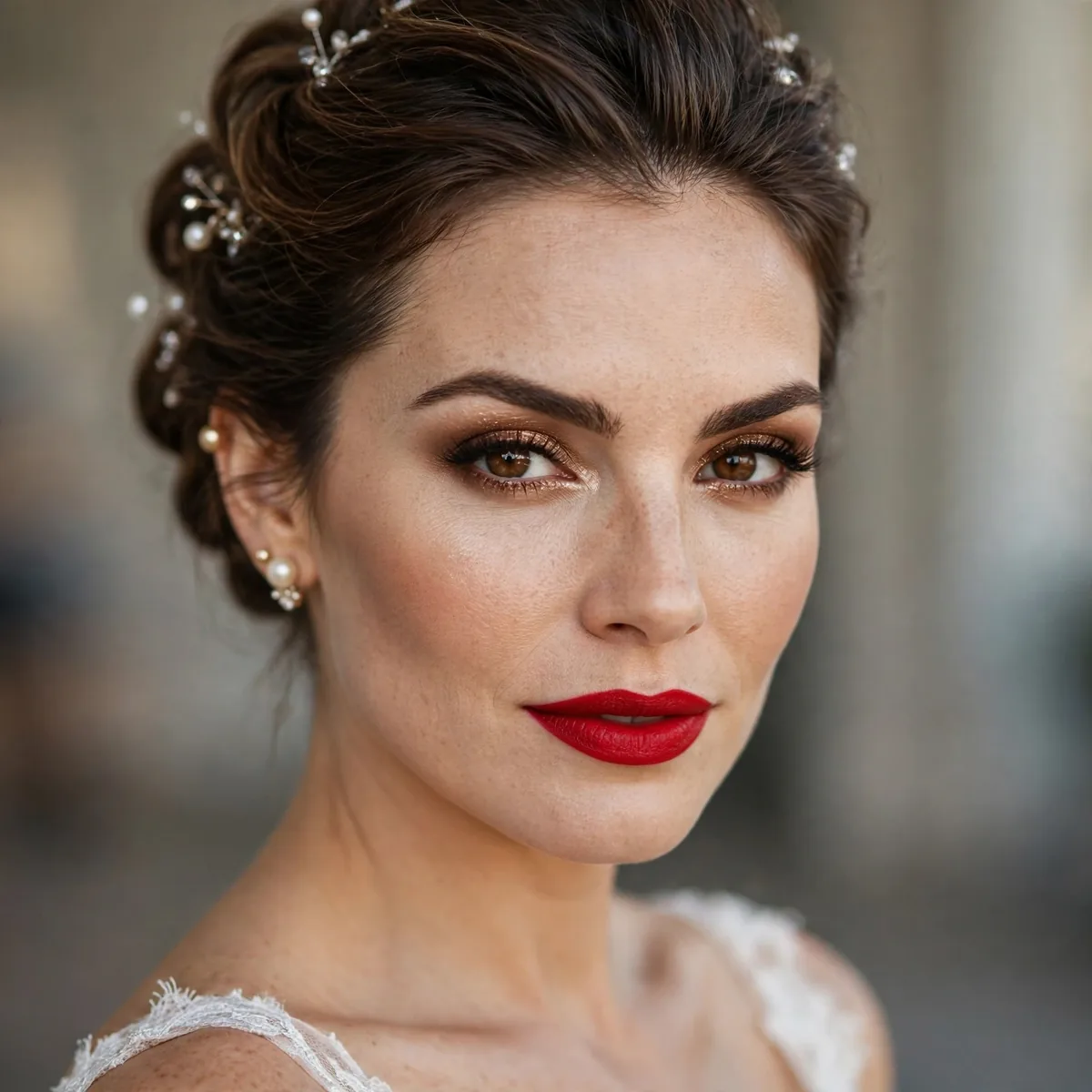 Bride with full red carpet glam makeup and confident pose
