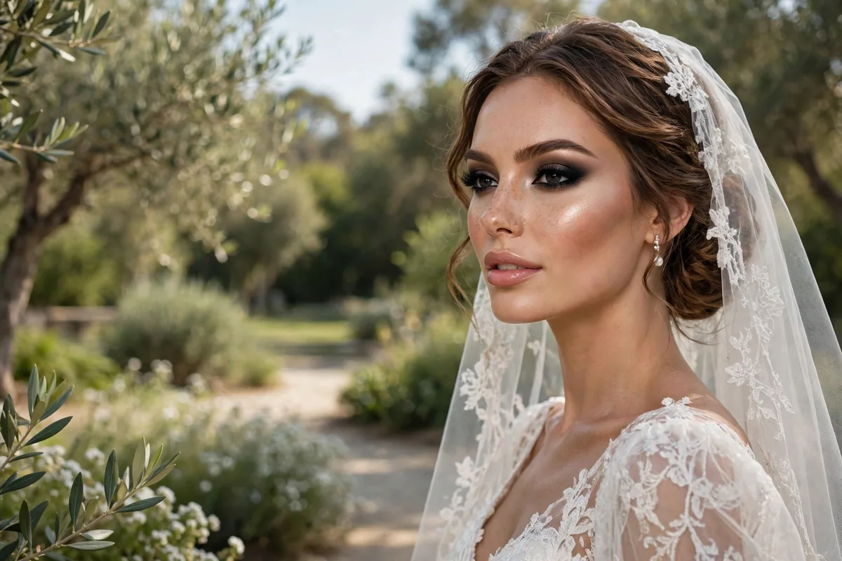 Bride with full glam wedding makeup featuring sculpted cheekbones and smokey eyes