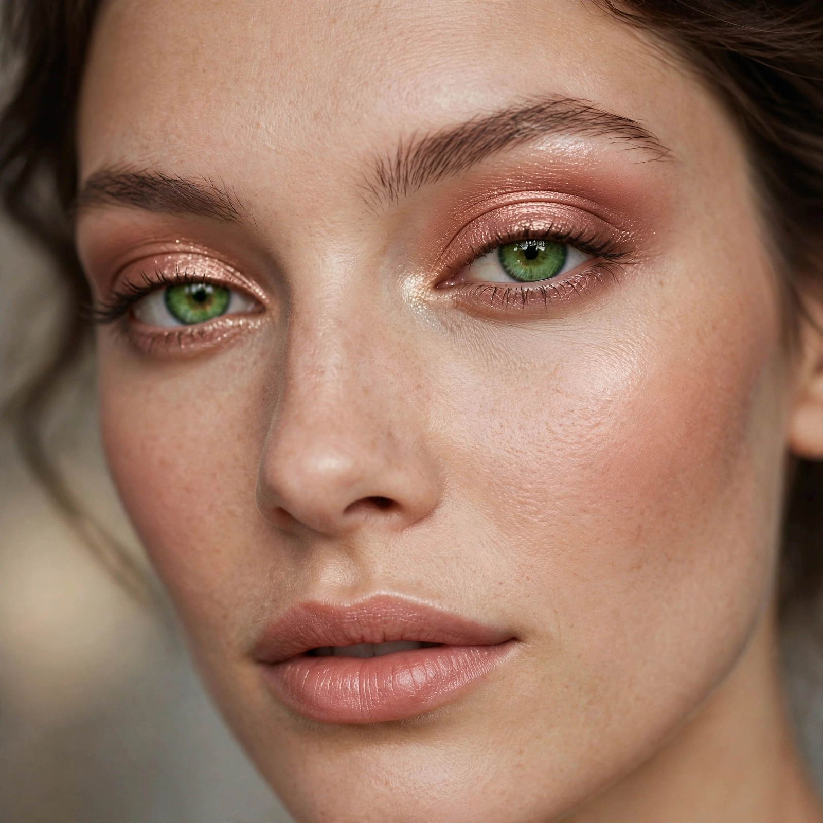 Rose gold eyeshadow on green eyes