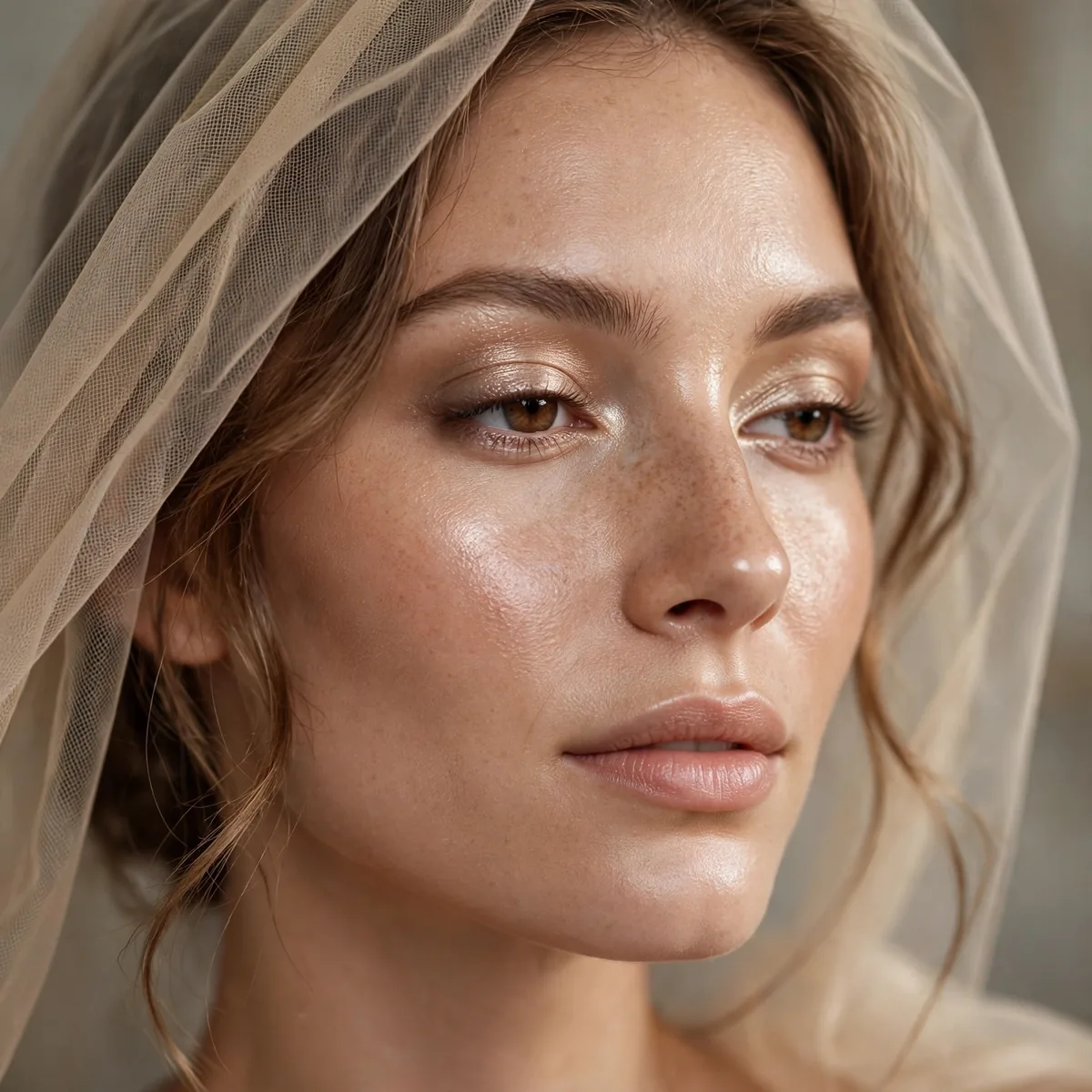 Woman wearing a sheer wash of champagne eyeshadow with glowing skin