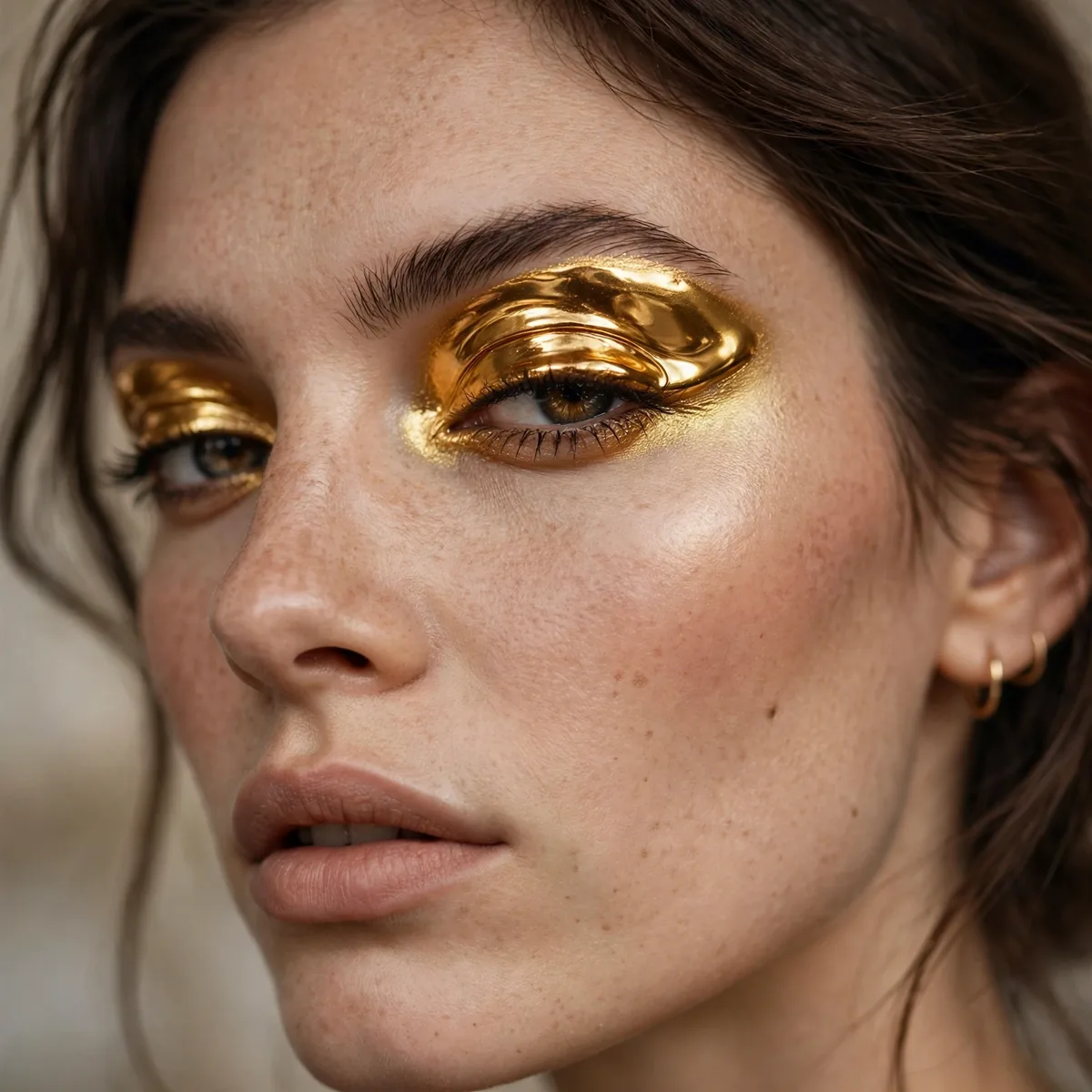 Woman with an intense molten gold metallic eyeshadow lid