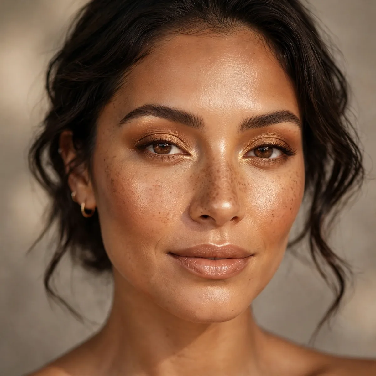 Woman with bronzed glowing skin and warm golden makeup