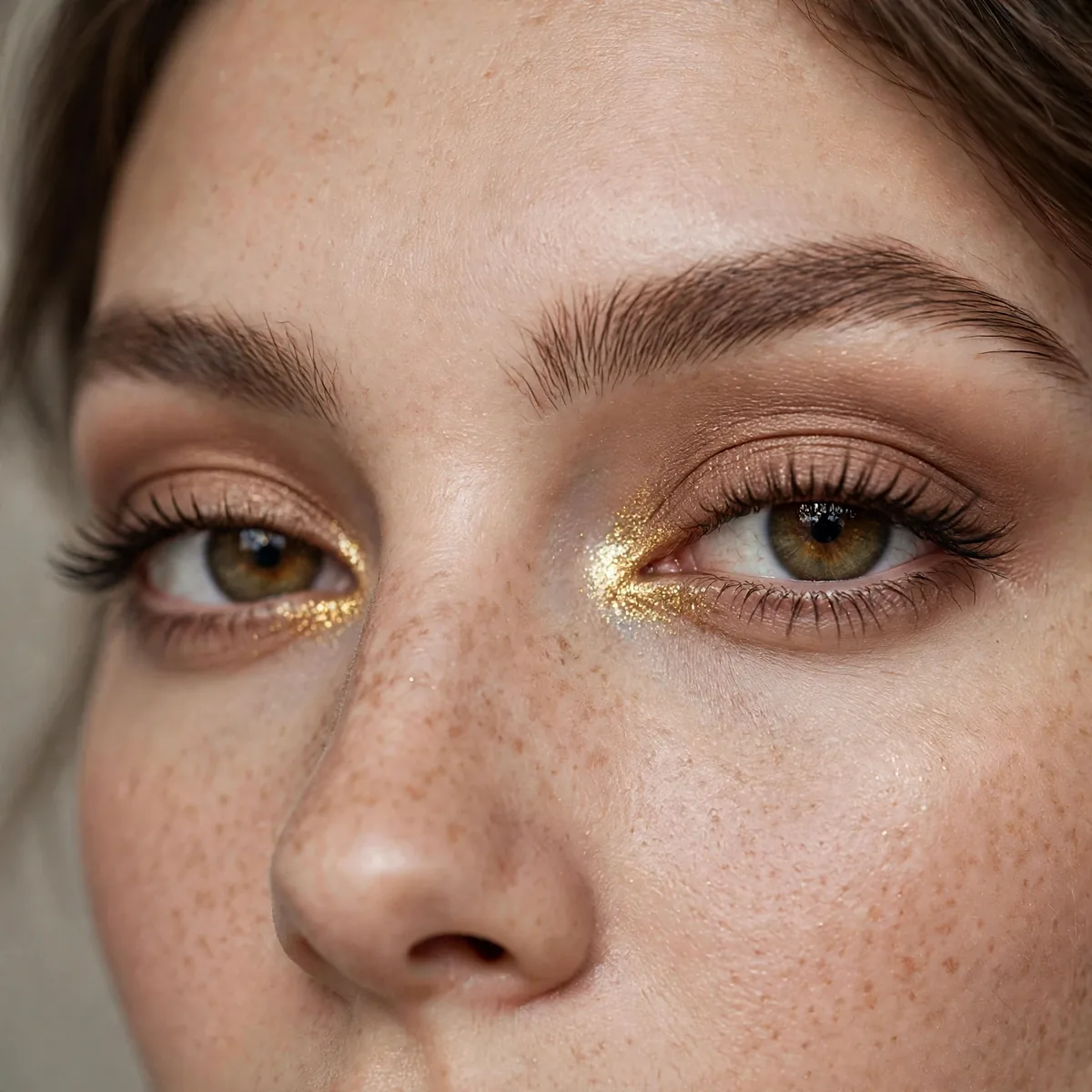 Close-up of eyes with gold shimmer at the inner corners