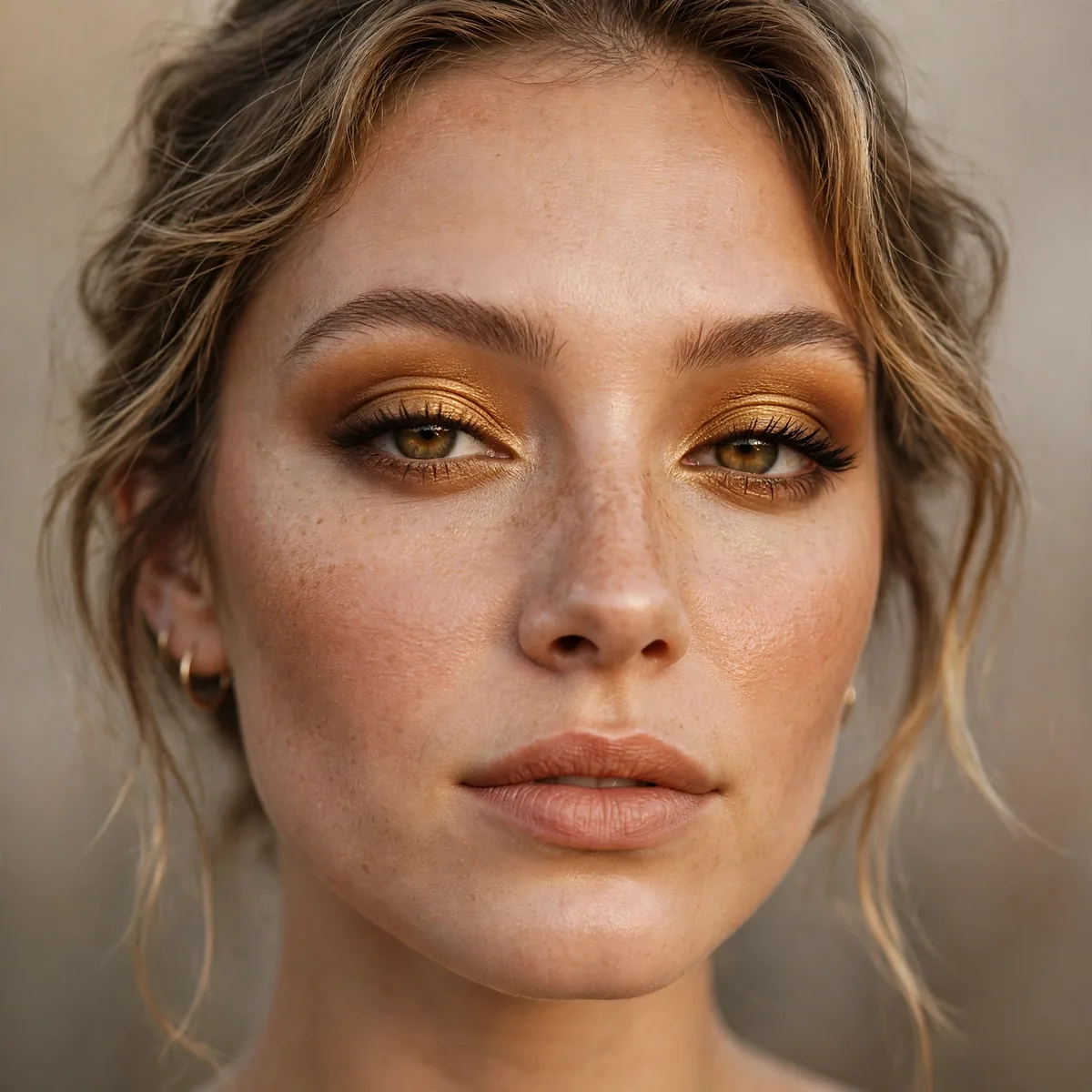 Woman with a honey gold smokey eye in warm amber tones