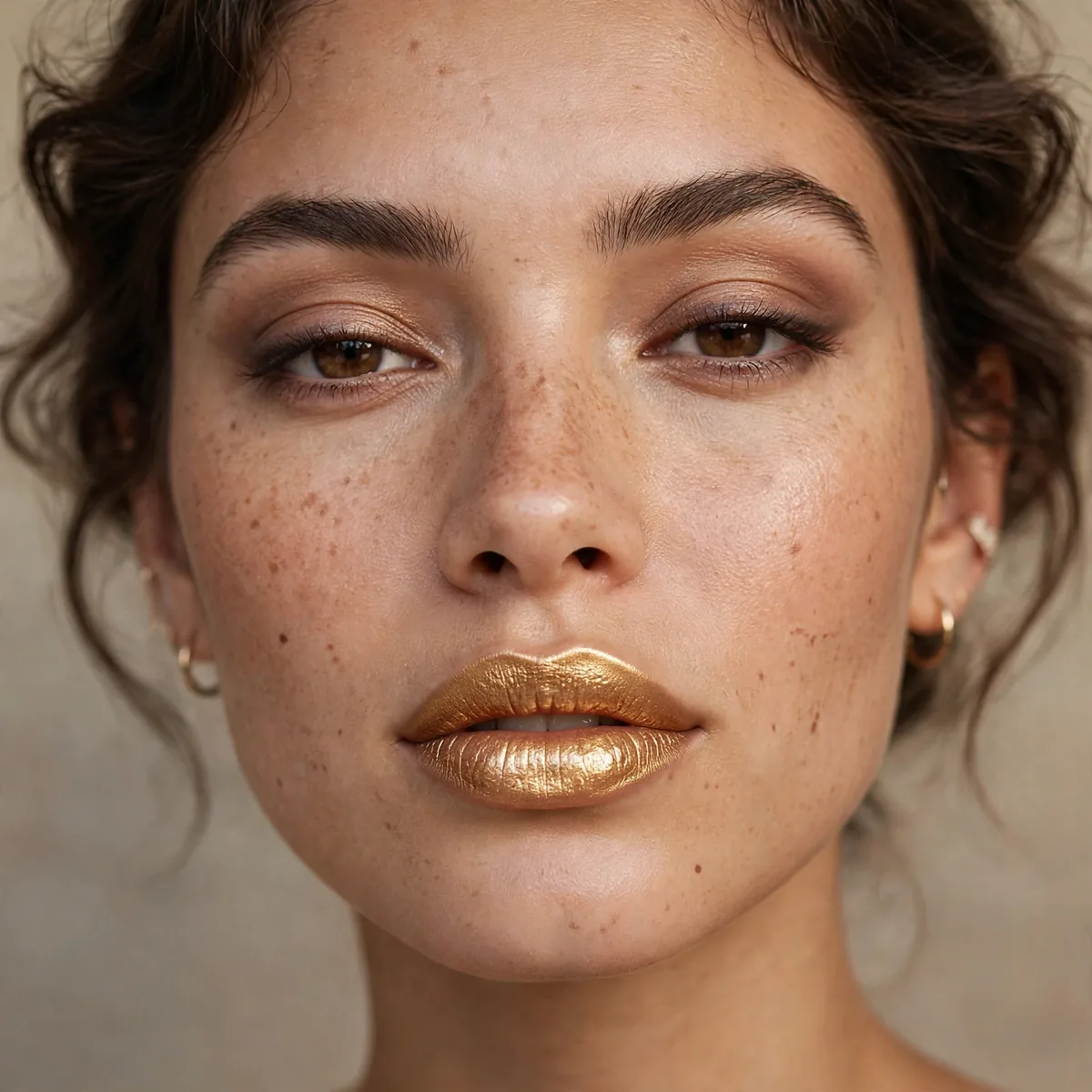 Woman wearing a metallic gold lipstick with neutral eye makeup