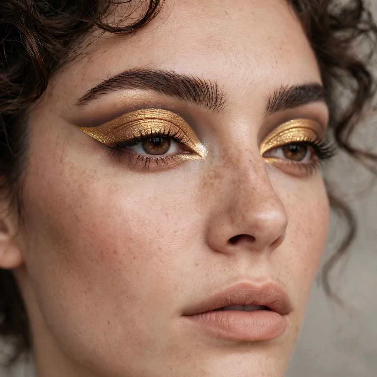 Woman with a sharp golden cut crease eyeshadow look