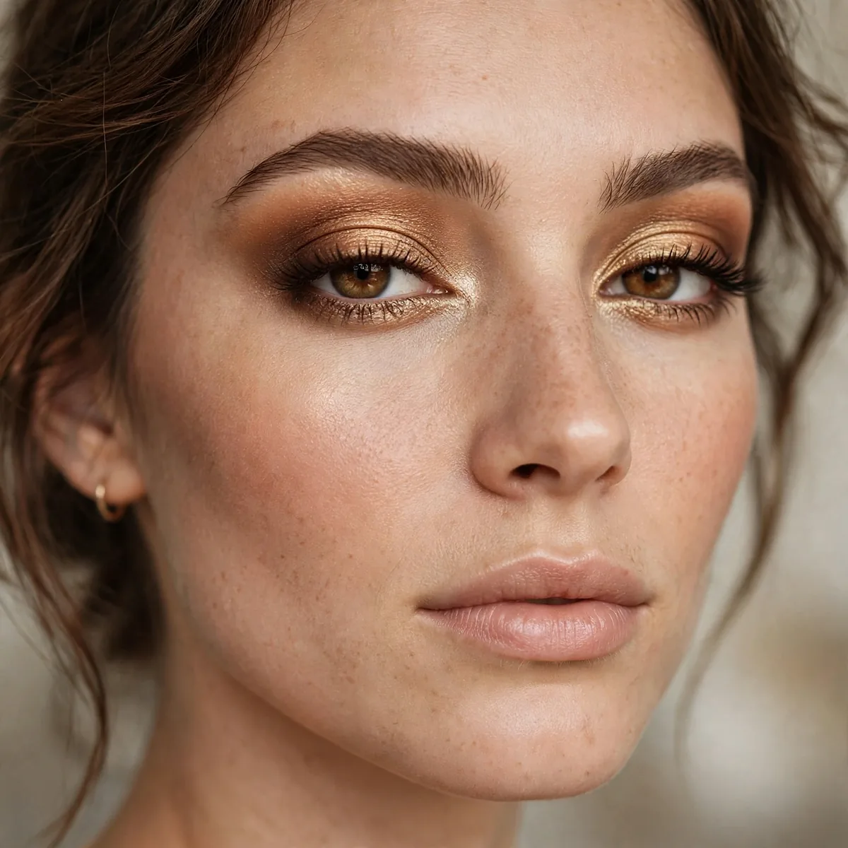 Woman with an ombre eyeshadow blending from bronze to gold