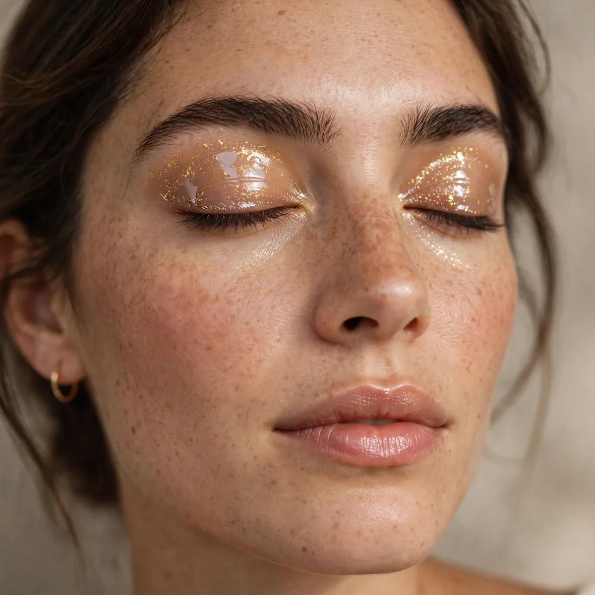 Woman with glossy lids flecked with fine gold shimmer