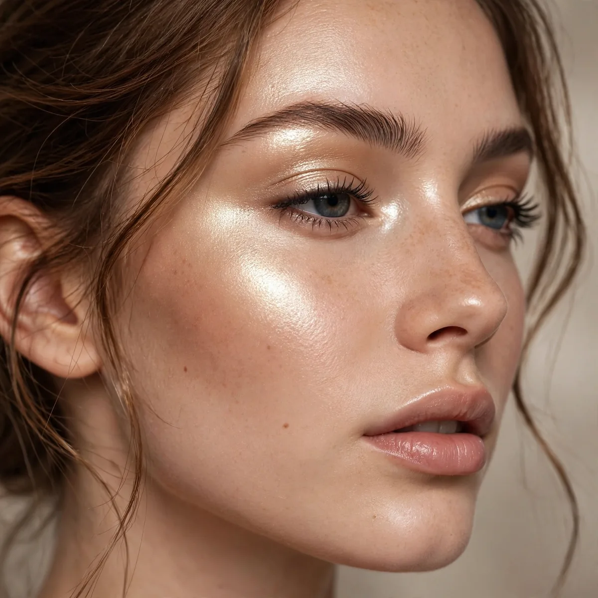 Woman with bright champagne highlighter on cheekbones and brow bones