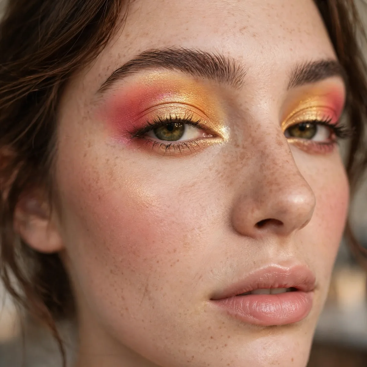 Woman with sunset-toned eyeshadow blending gold into warm orange and pink