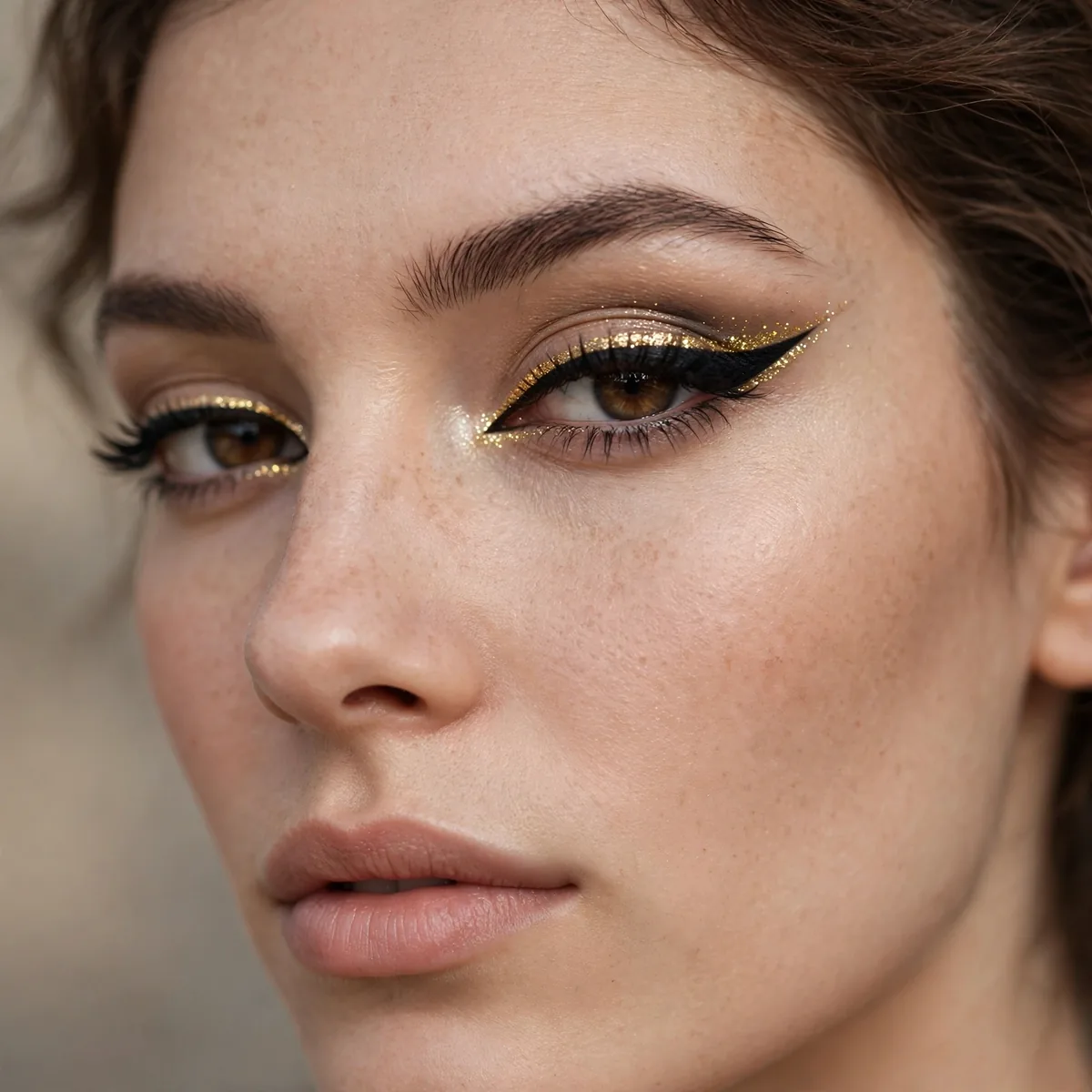 Woman with a classic black winged liner accented with gold shimmer