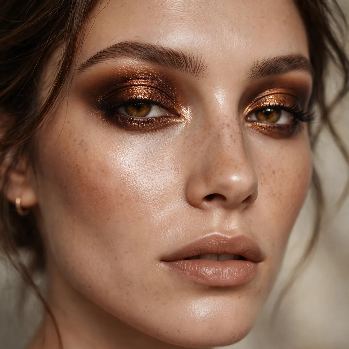 Woman with deep molten bronze eyeshadow and glowing skin