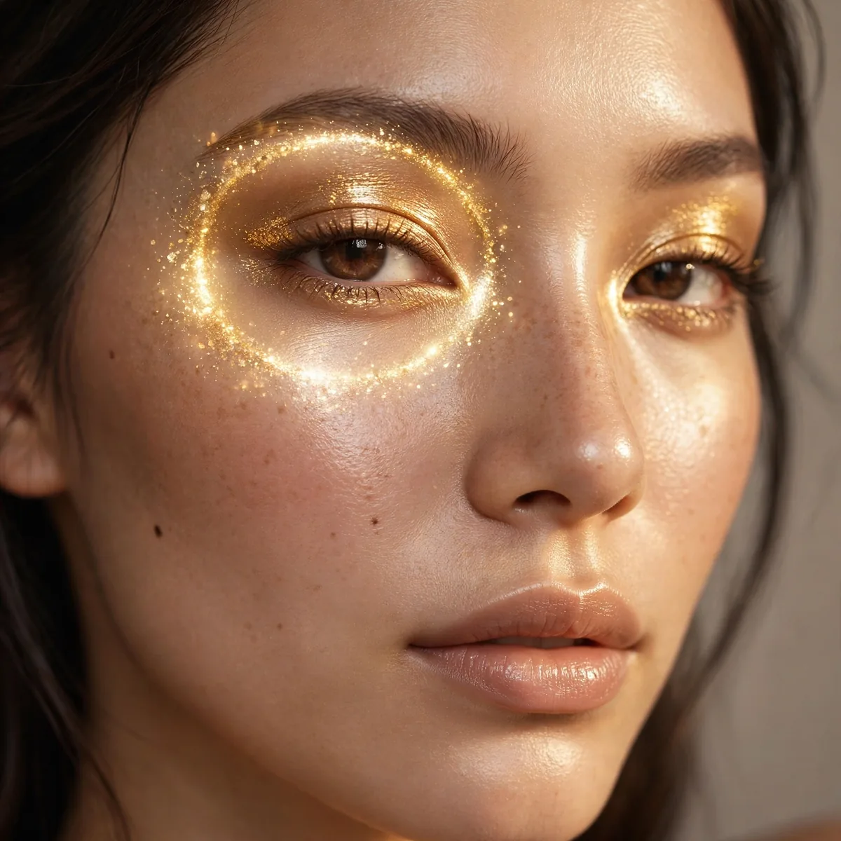 Woman with a golden halo eye and radiant glowing complexion