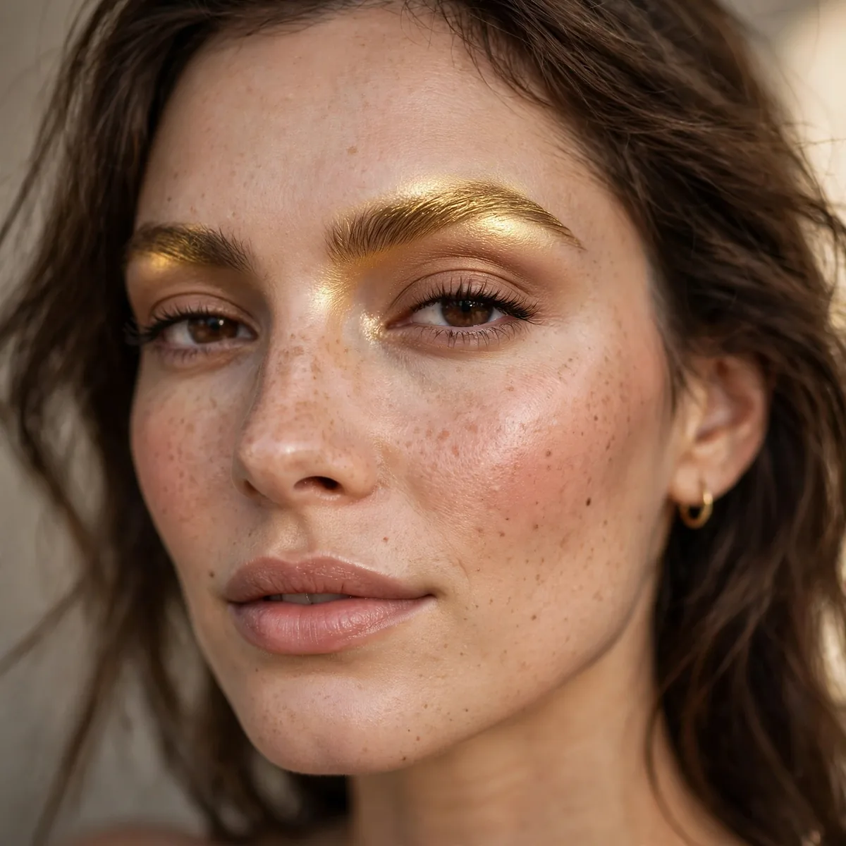 Woman with gold highlighter swept along the brow bones
