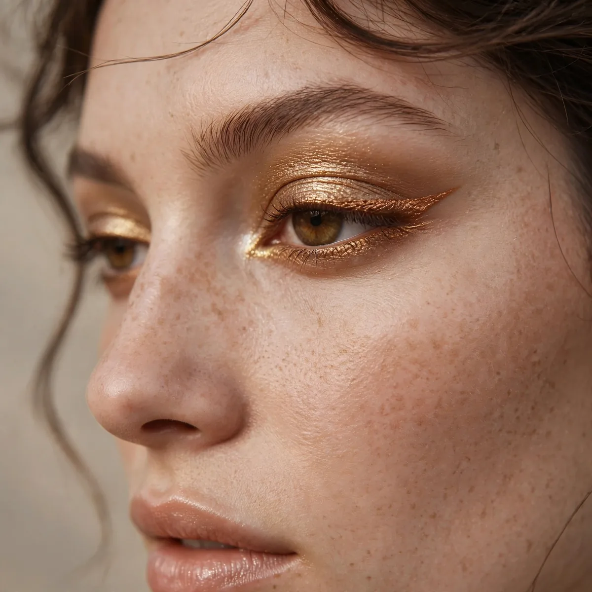 Woman with honeyed bronze eyeliner and gold eyeshadow