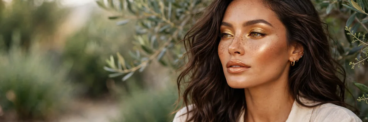 Woman with golden glam makeup featuring gold eyeshadow and glowing bronzed skin