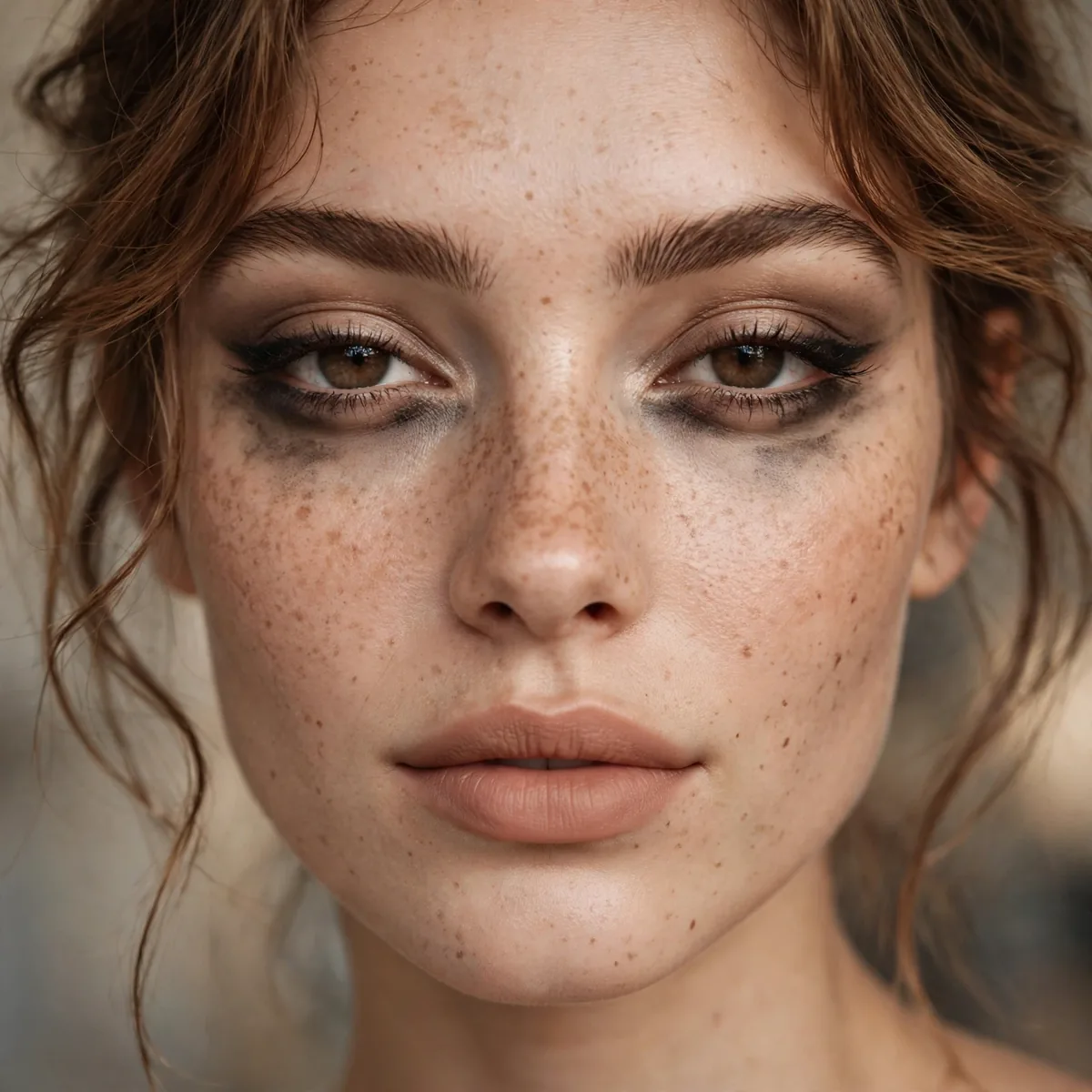 Woman with softly smudged grunge eyeliner and nude lips