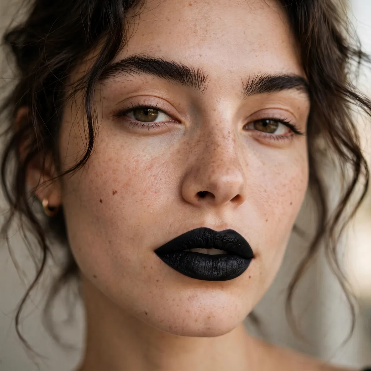 Woman with bold black lipstick and minimal eye makeup