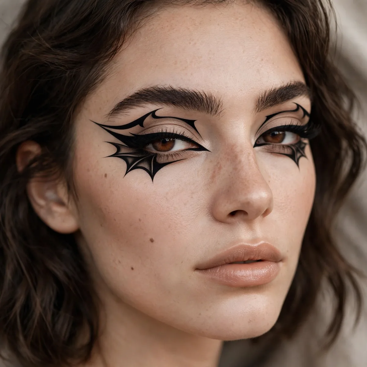 Woman with dramatic extended bat wing eyeliner