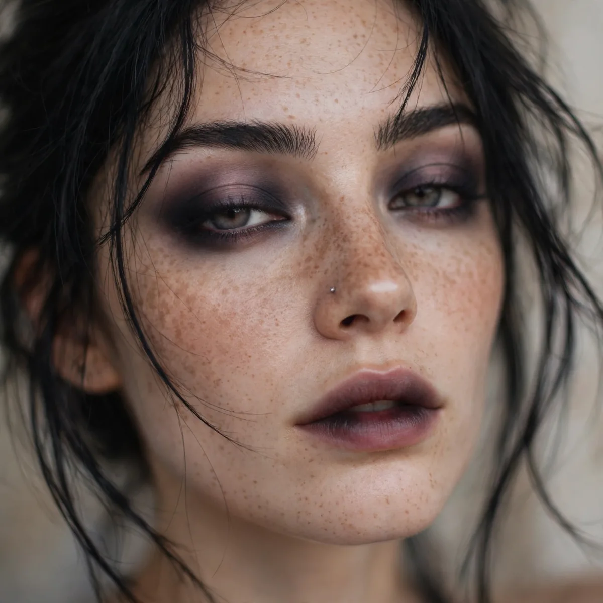 Woman with soft blurred dark feminine goth makeup