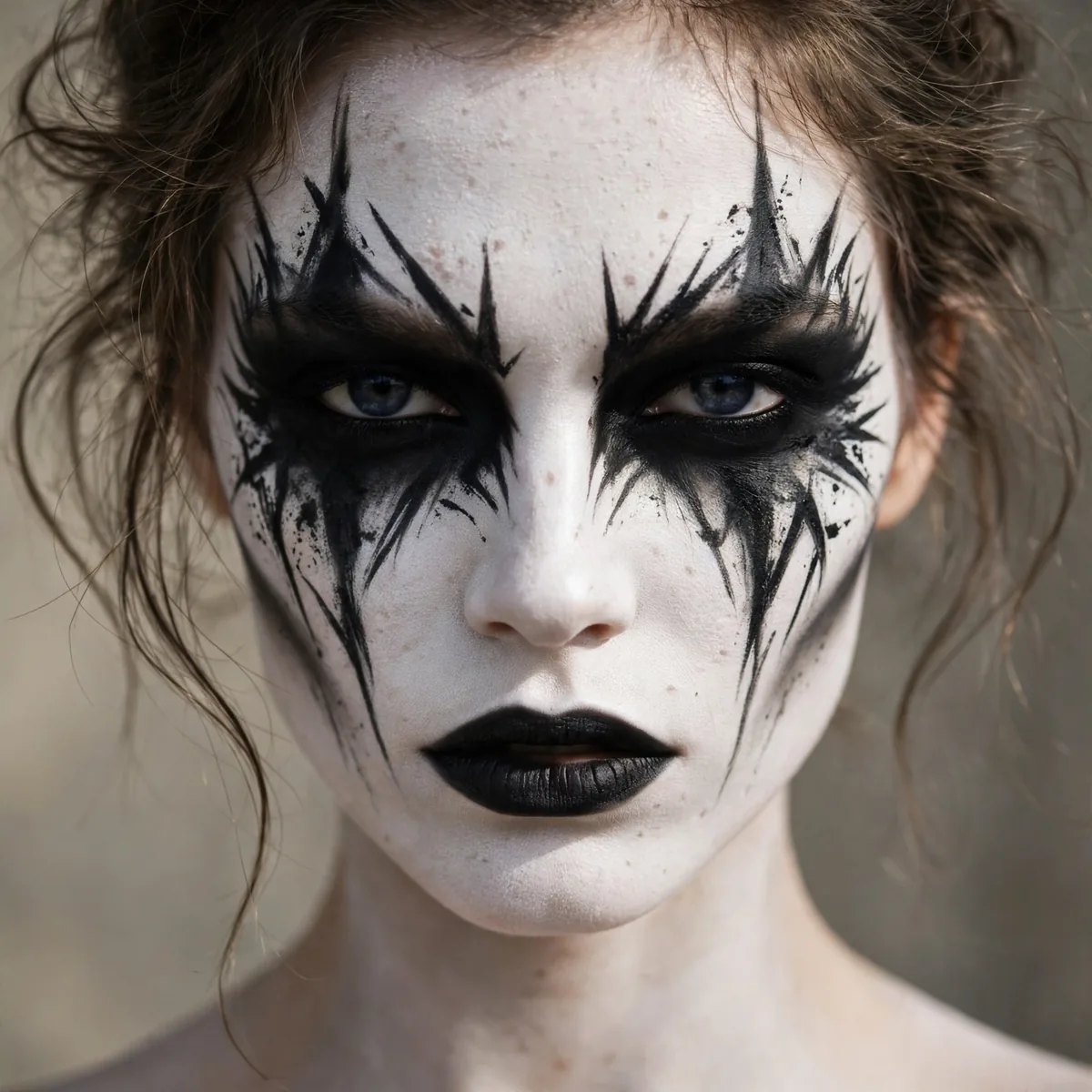Woman with stark white face makeup and dramatic black eye details