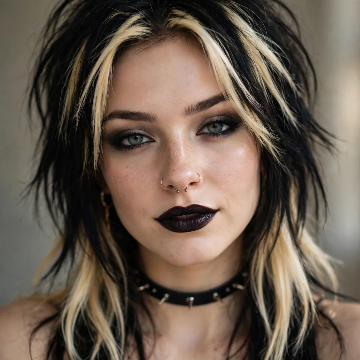 Woman with early 2000s mall goth makeup, chunky highlights and dark lips