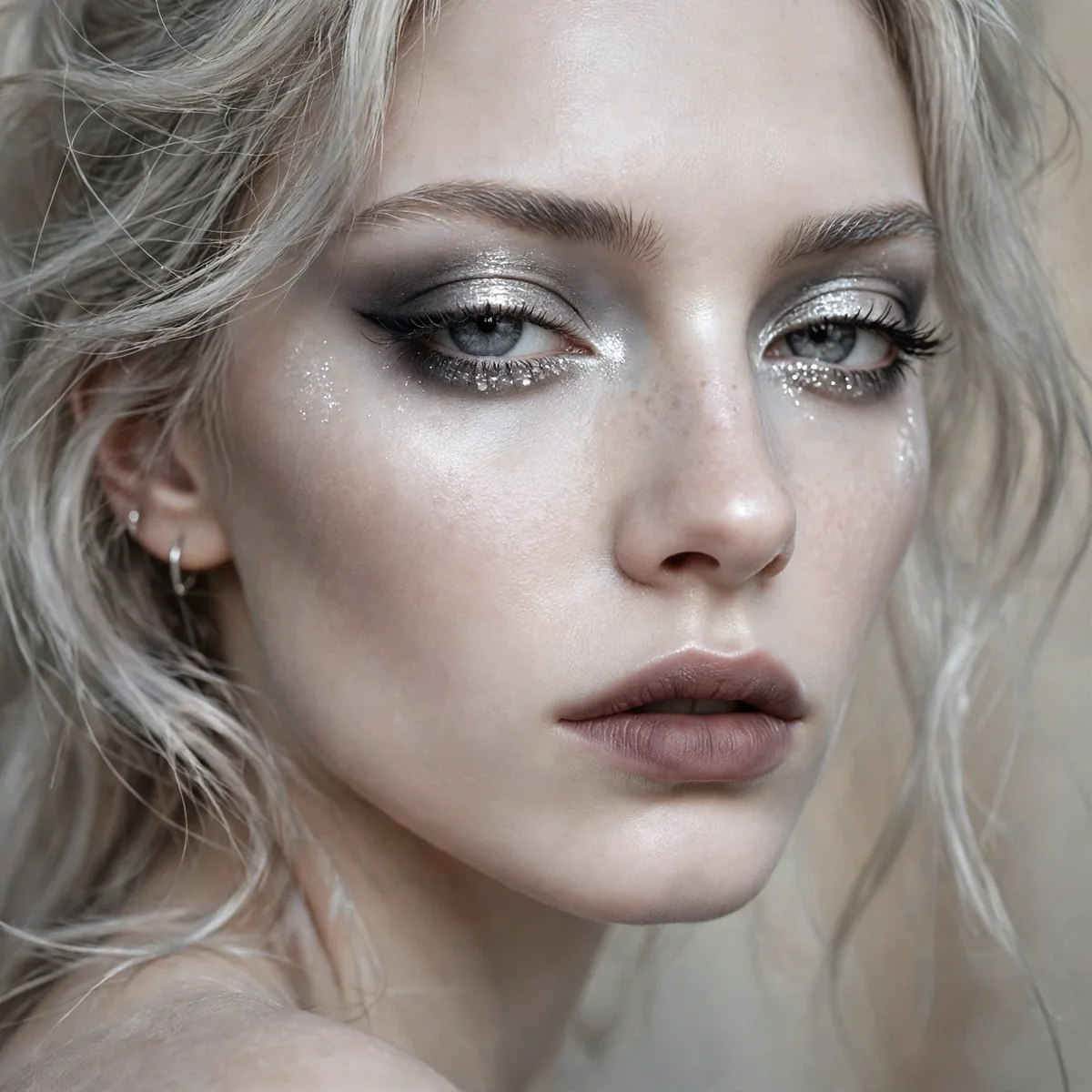 Woman with pale glowing skin and soft silver goth makeup