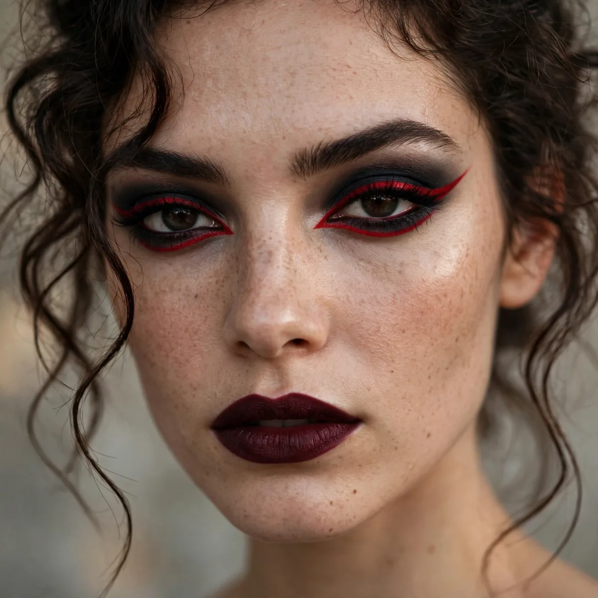 Woman with blood red eyeliner accents and dark makeup