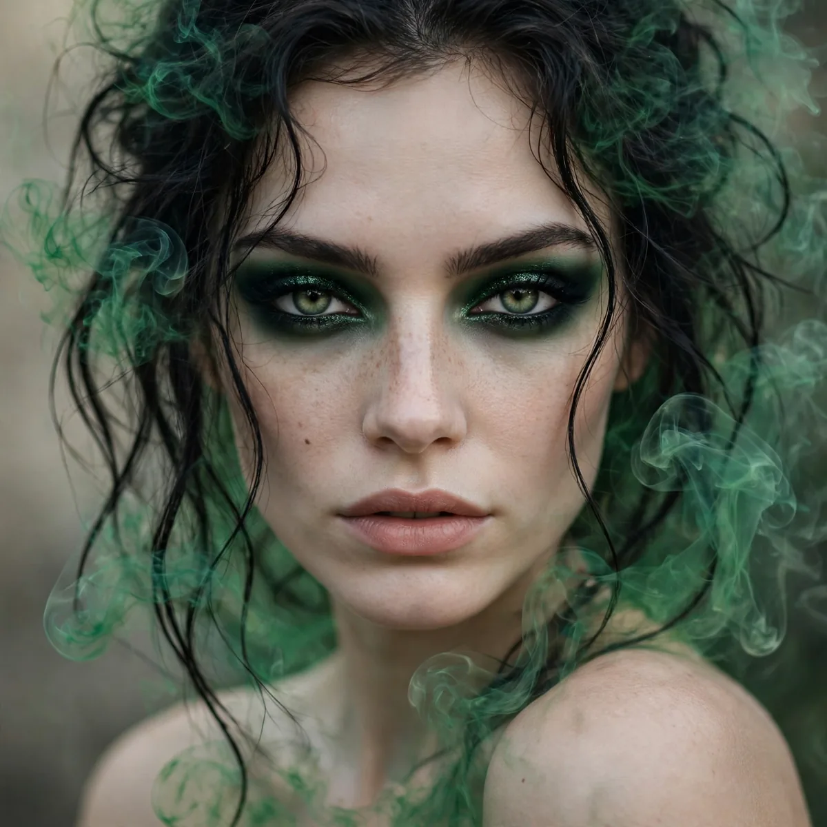 Woman with dark green smokey eye makeup and pale skin
