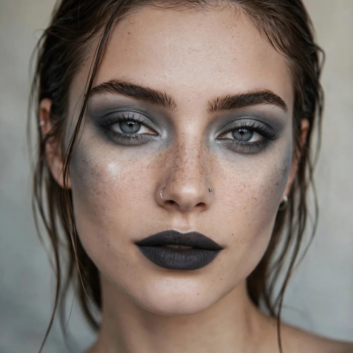 Woman with grey-toned industrial goth makeup and dark lips