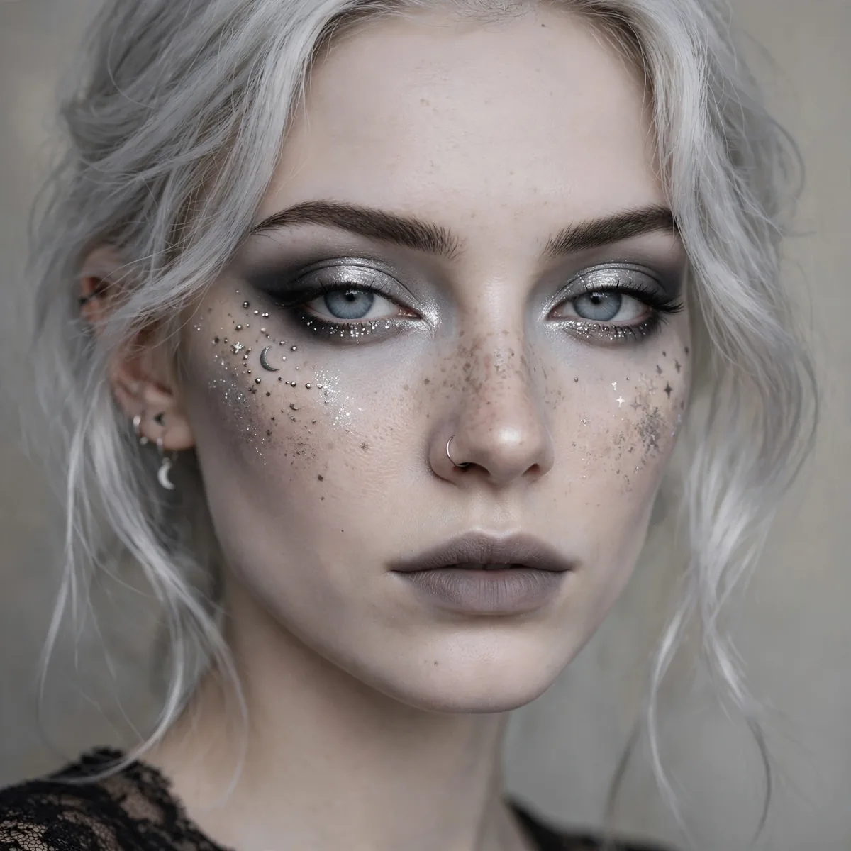 Woman with silver-toned goth makeup and moonlit pale skin