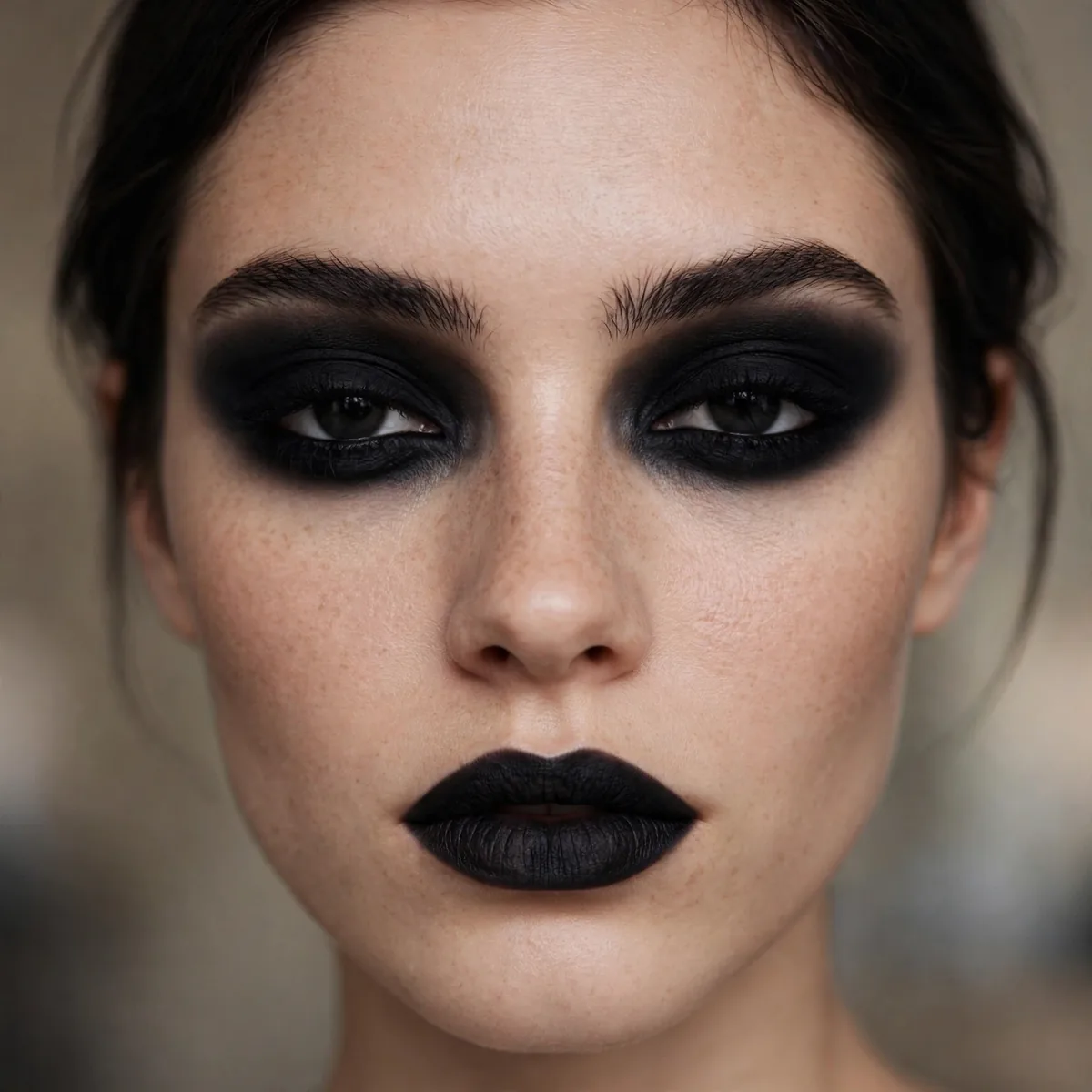 Woman with full velvet matte black eye makeup and dark lips