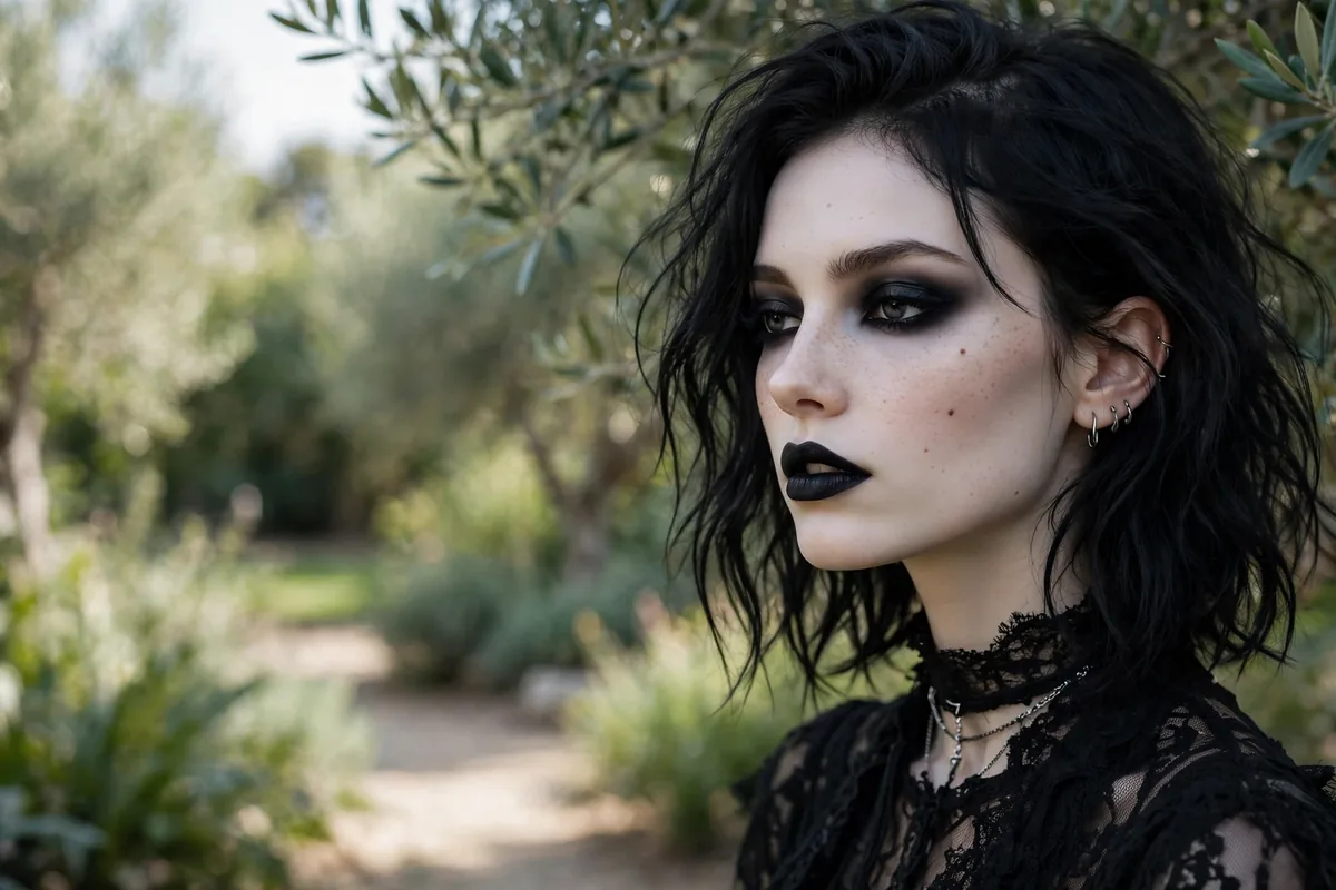 Woman with goth makeup featuring black lipstick, dark smokey eyes and pale skin