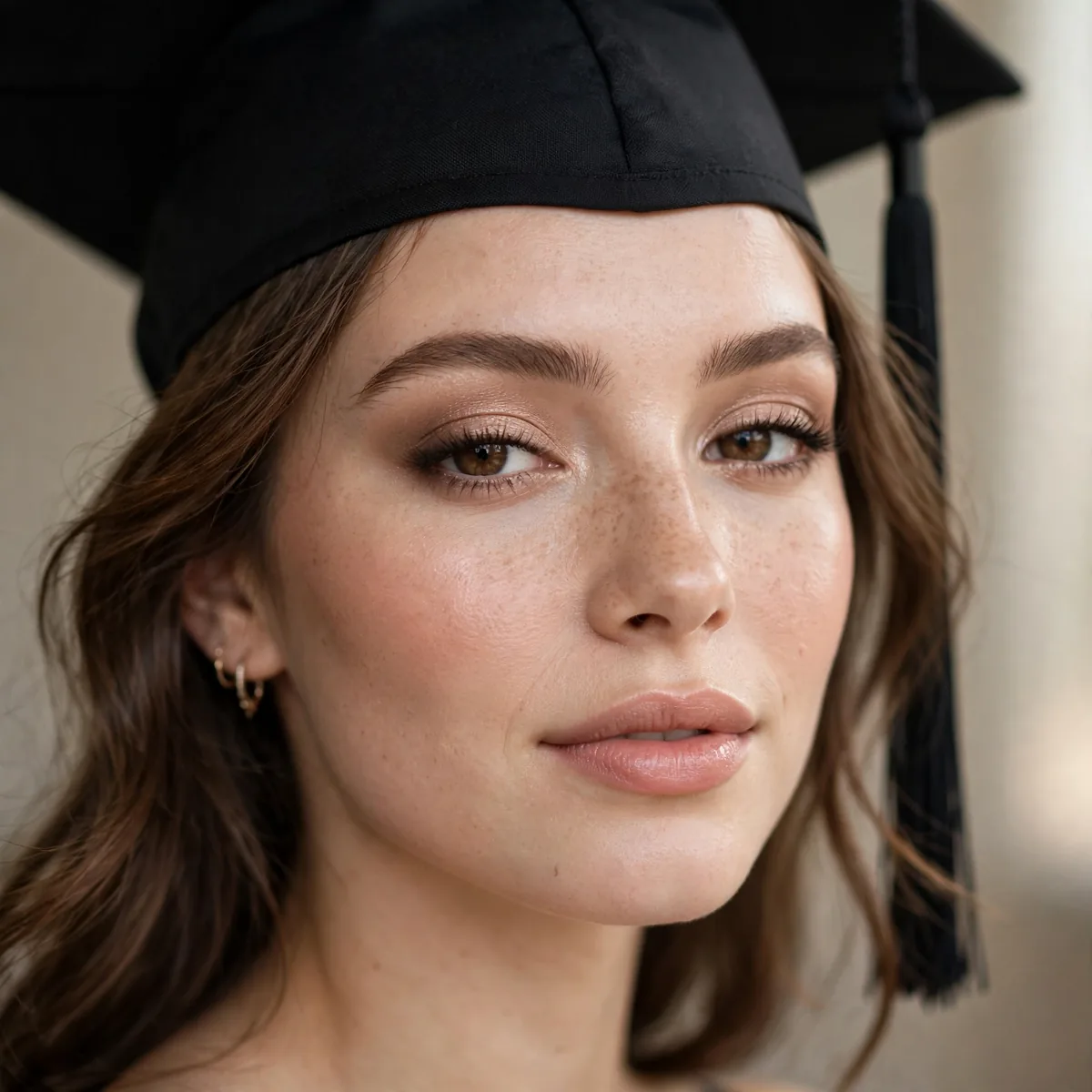 Graduate with soft glam makeup that stays put under a graduation cap